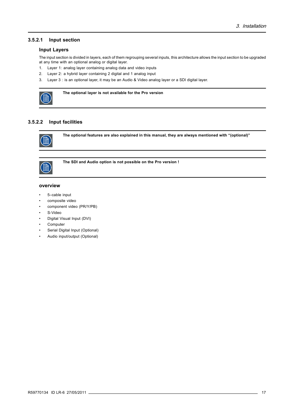 1 input section, 2 input facilities, Input section | Input facilities | Barco ID LR-6 R9010342 User Manual | Page 21 / 135