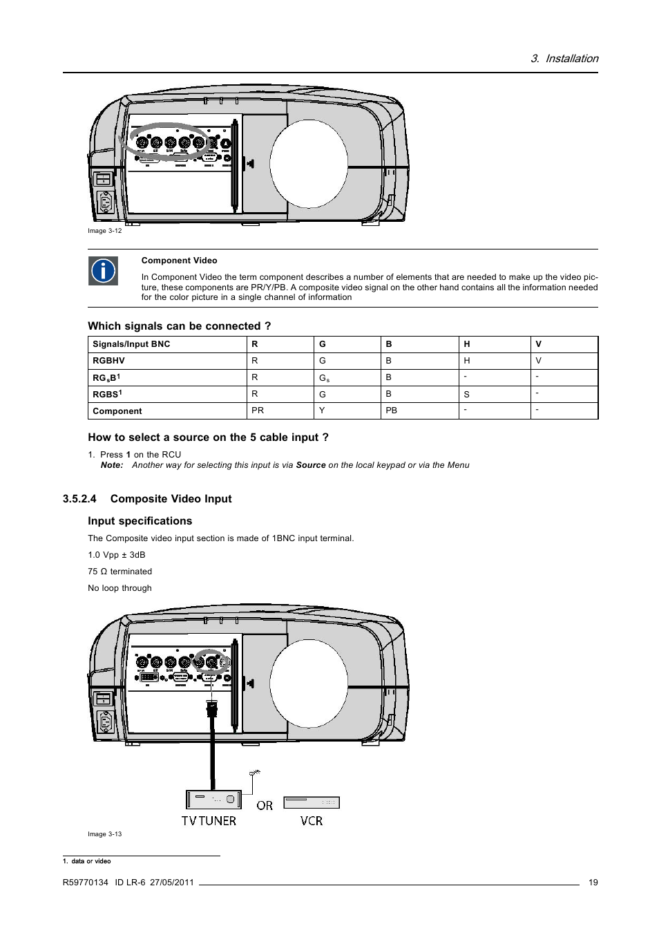 4 composite video input, Composite video input, Installation | Barco ID LR-6 R9010342 User Manual | Page 23 / 135