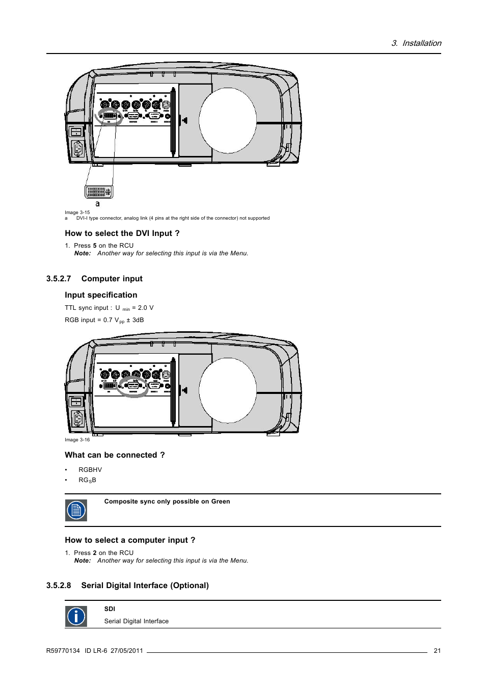 7 computer input, 8 serial digital interface (optional), Computer input | Serial digital interface (optional), Installation | Barco ID LR-6 R9010342 User Manual | Page 25 / 135