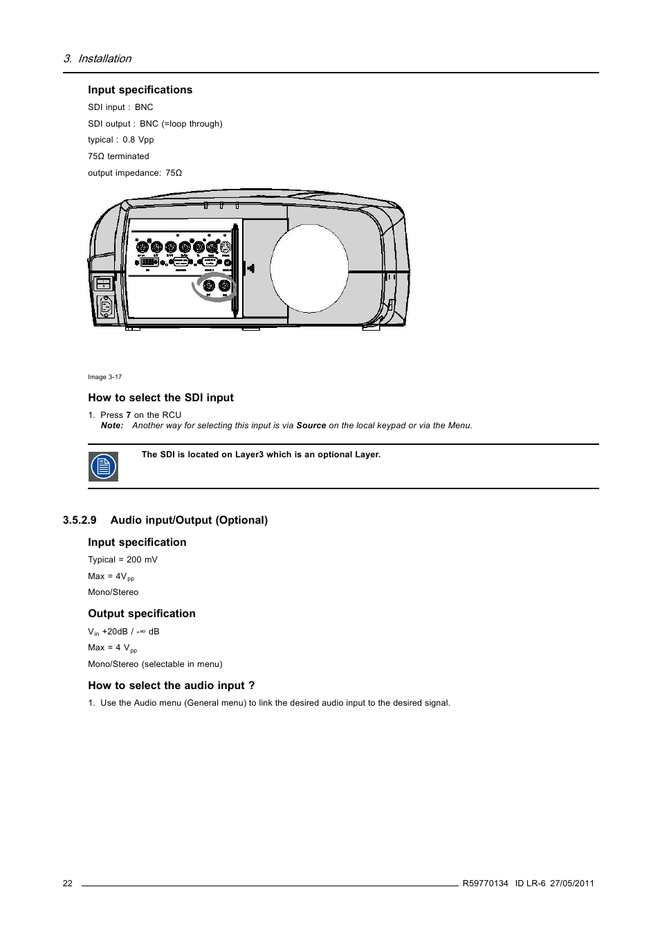 9 audio input/output (optional), Audio input/output (optional), Installation | Barco ID LR-6 R9010342 User Manual | Page 26 / 135