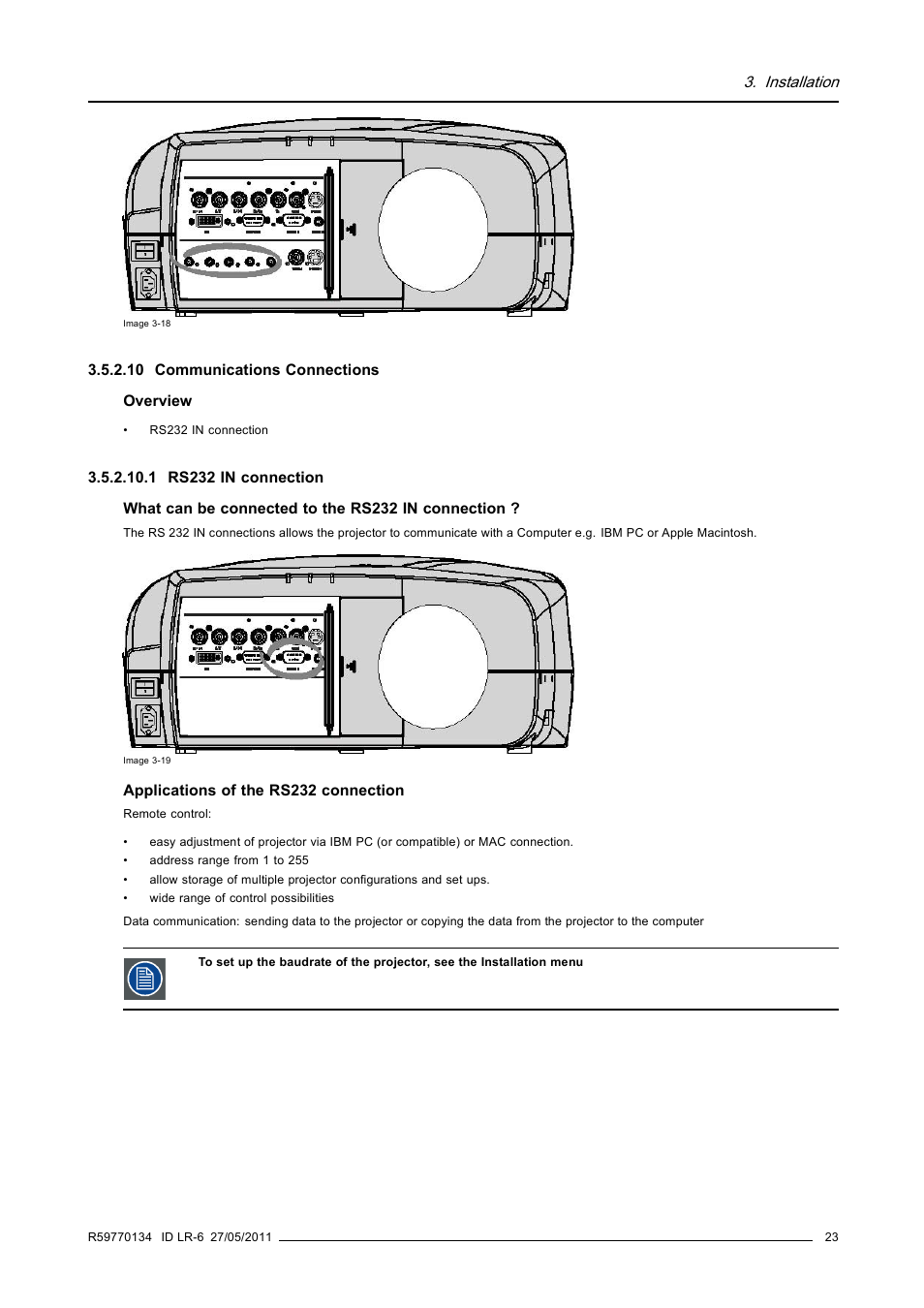 10 communications connections, 1 rs232 in connection, Communications connections | Installation | Barco ID LR-6 R9010342 User Manual | Page 27 / 135