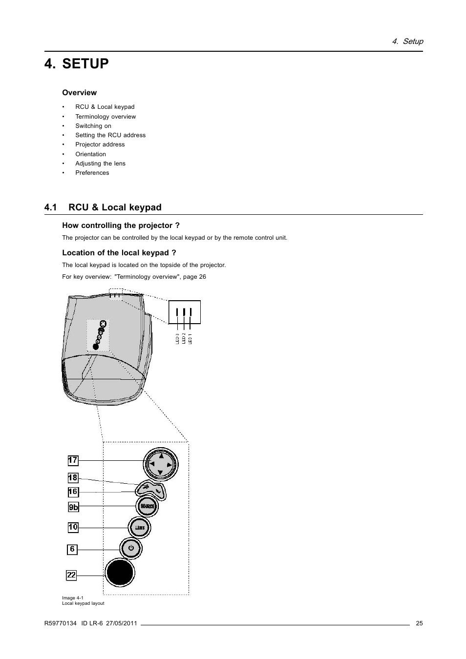 Setup, 1 rcu & local keypad, Rcu & local keypad | Barco ID LR-6 R9010342 User Manual | Page 29 / 135