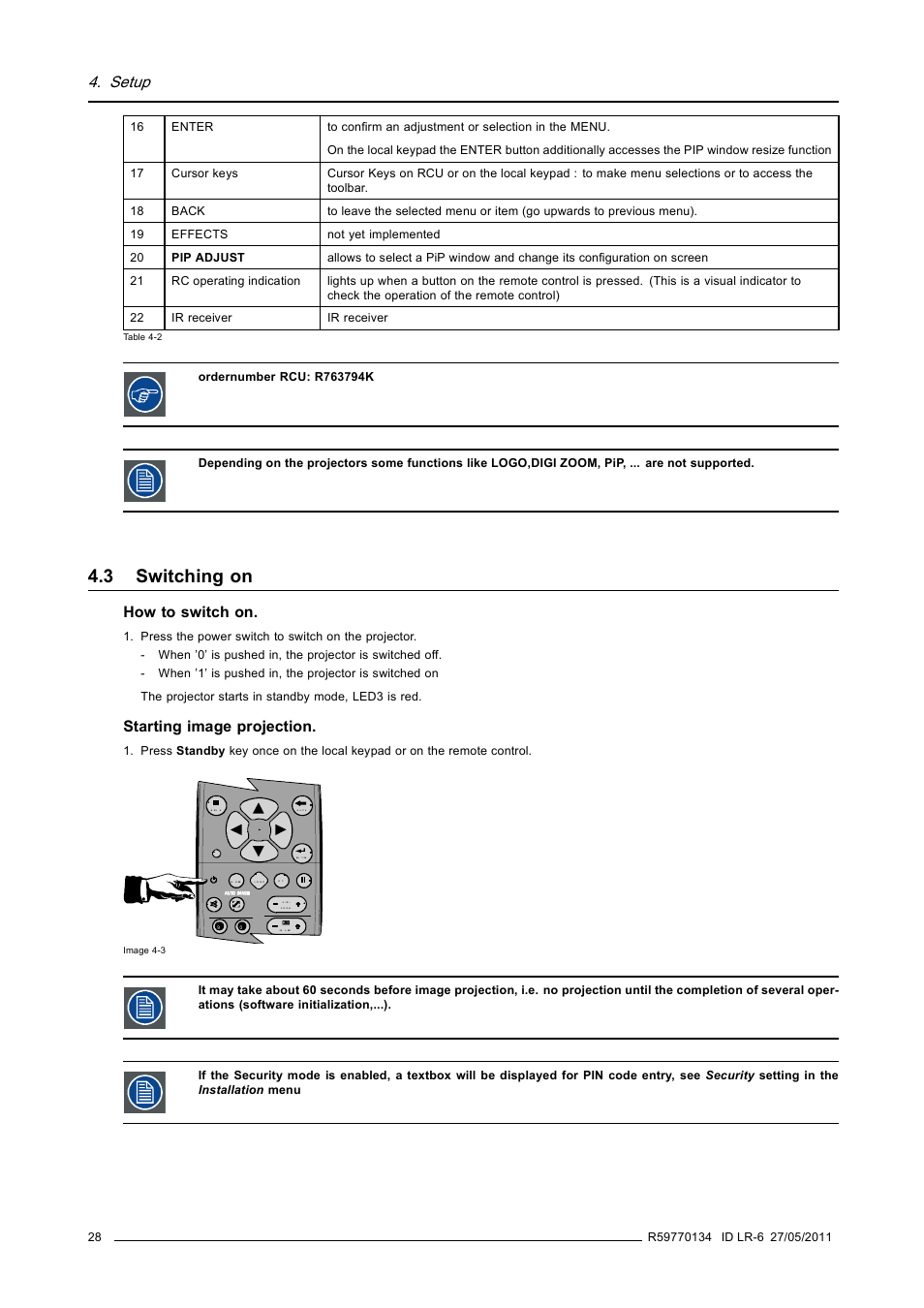 3 switching on, Switching on, Setup | How to switch on, Starting image projection | Barco ID LR-6 R9010342 User Manual | Page 32 / 135