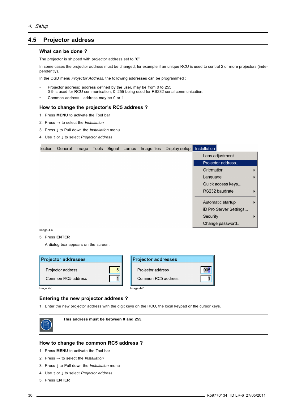 5 projector address, Projector address | Barco ID LR-6 R9010342 User Manual | Page 34 / 135