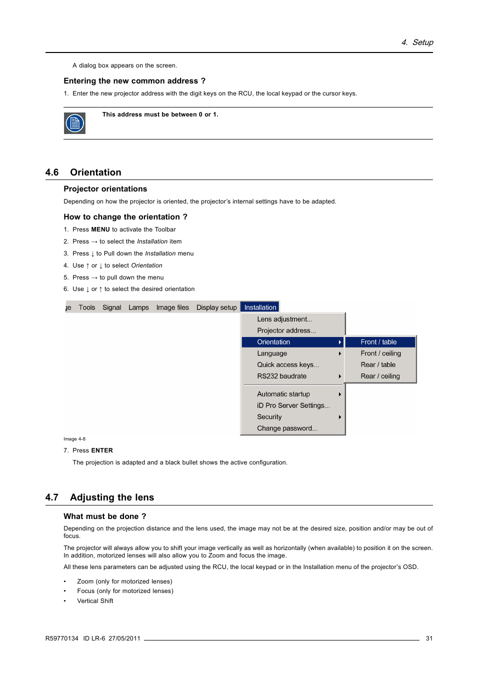 6 orientation, 7 adjusting the lens, Orientation | Adjusting the lens | Barco ID LR-6 R9010342 User Manual | Page 35 / 135