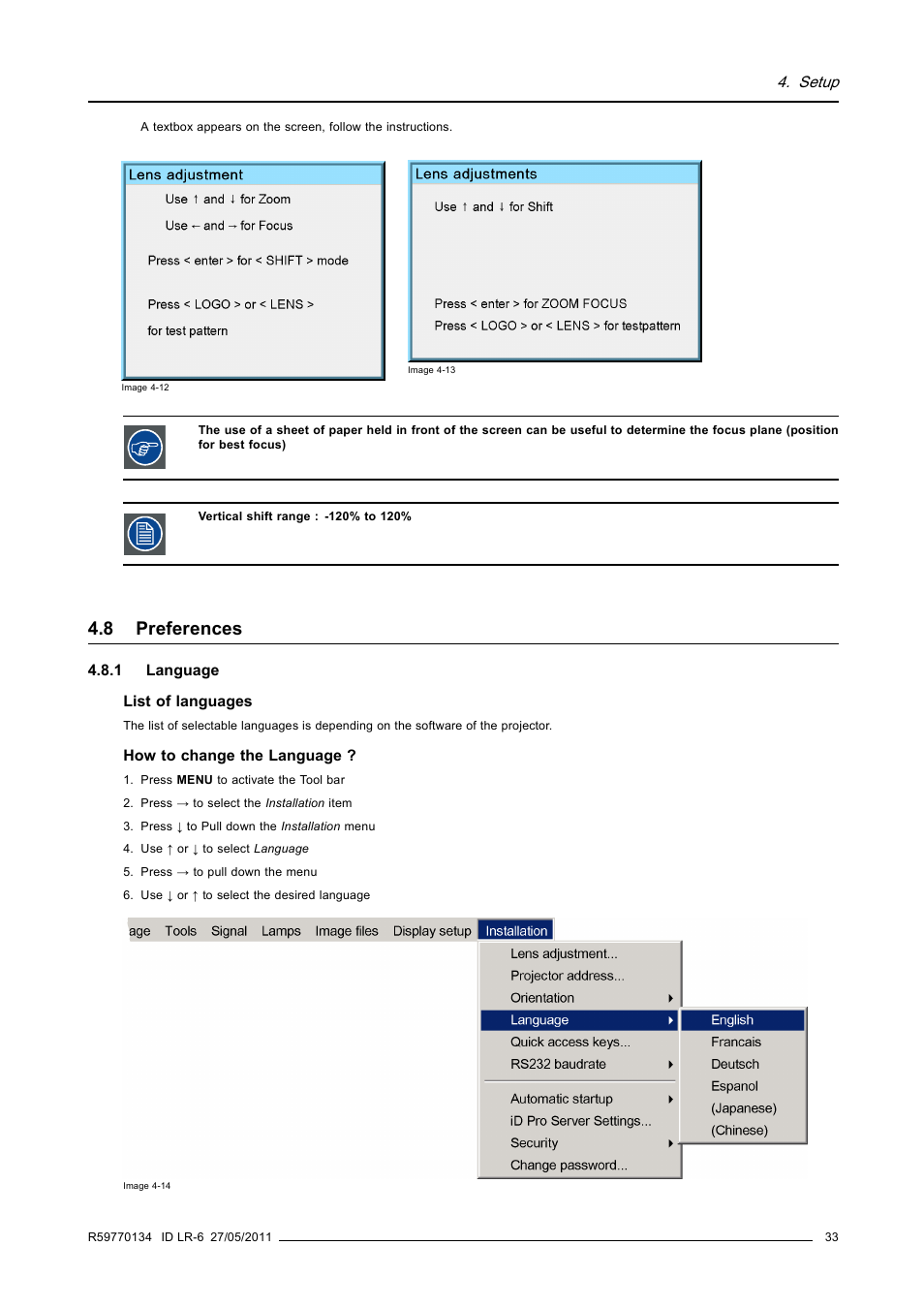 8 preferences, 1 language, Preferences | Language | Barco ID LR-6 R9010342 User Manual | Page 37 / 135