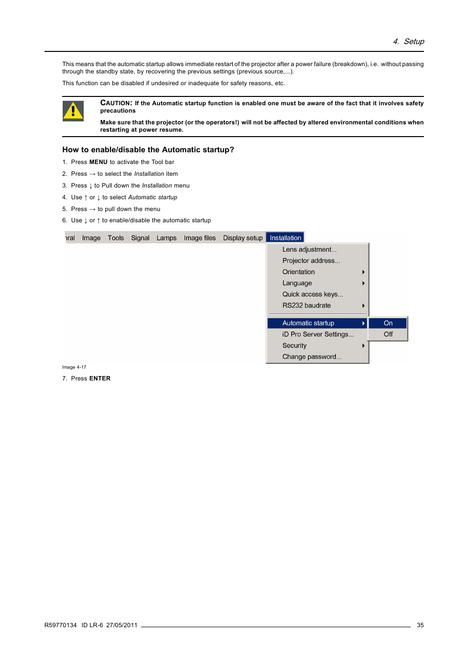 Setup | Barco ID LR-6 R9010342 User Manual | Page 39 / 135