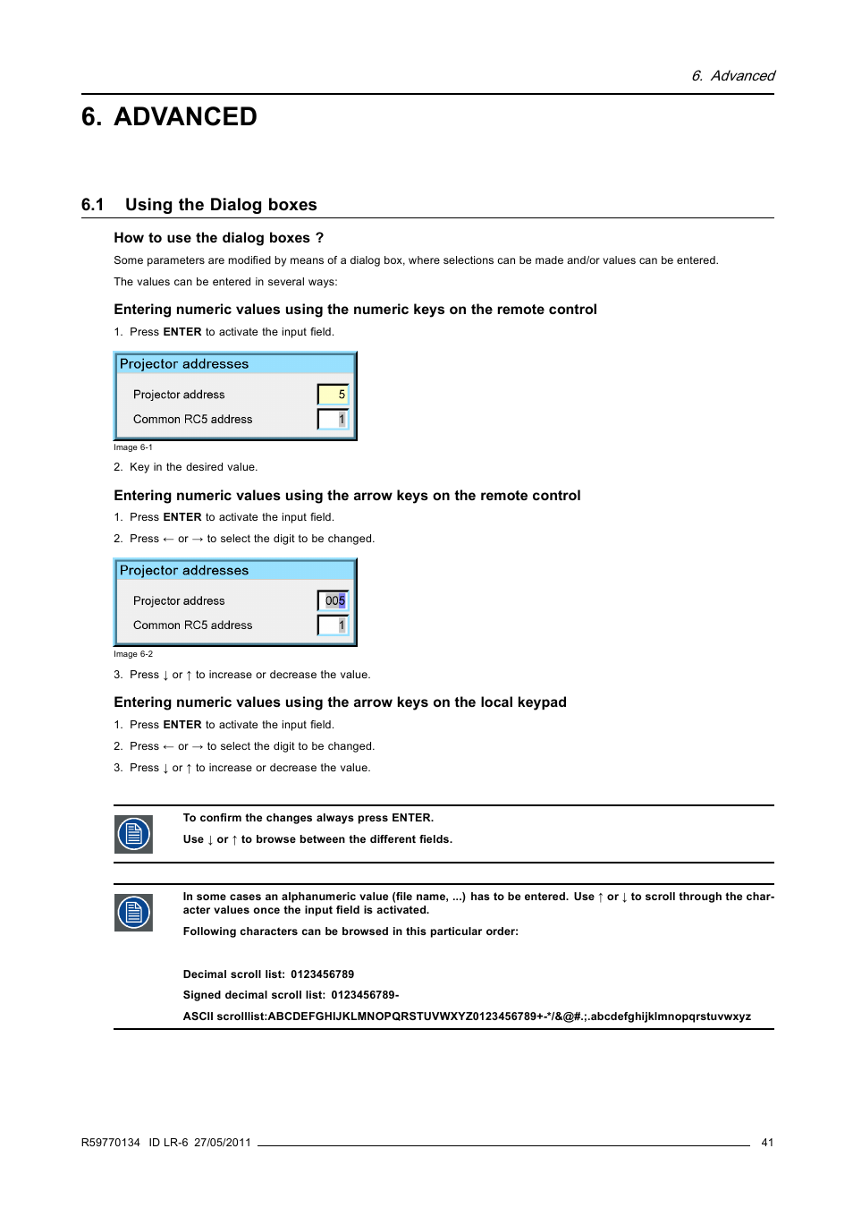 Advanced, 1 using the dialog boxes, Using the dialog boxes | Barco ID LR-6 R9010342 User Manual | Page 45 / 135