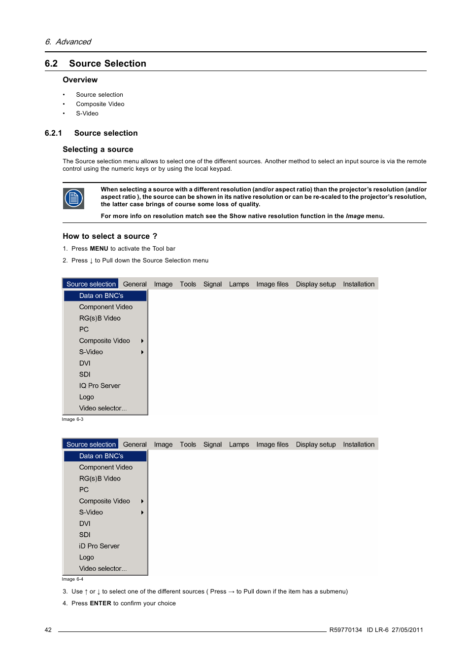 2 source selection, 1 source selection, Source selection | Barco ID LR-6 R9010342 User Manual | Page 46 / 135