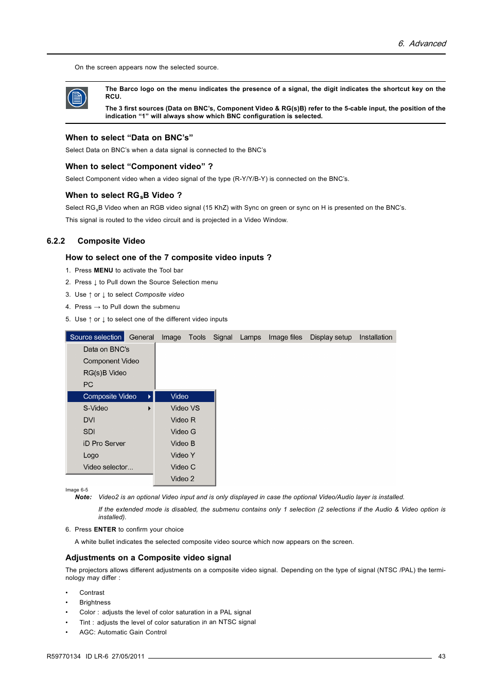 2 composite video, Composite video, Advanced | Barco ID LR-6 R9010342 User Manual | Page 47 / 135