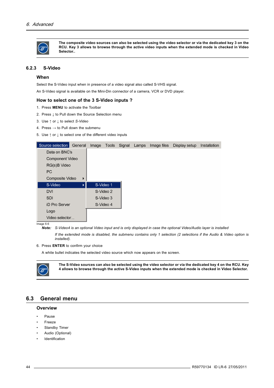 3 s-video, 3 general menu, S-video | General menu | Barco ID LR-6 R9010342 User Manual | Page 48 / 135