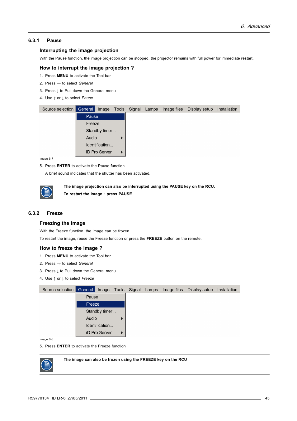 1 pause, 2 freeze, Pause | Freeze | Barco ID LR-6 R9010342 User Manual | Page 49 / 135