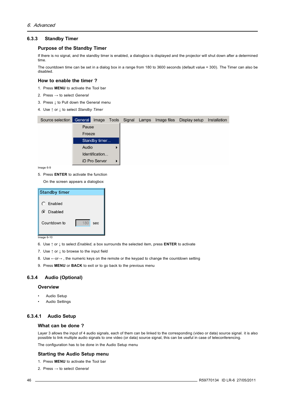 3 standby timer, 4 audio (optional), 1 audio setup | Standby timer, Audio (optional), Audio setup | Barco ID LR-6 R9010342 User Manual | Page 50 / 135