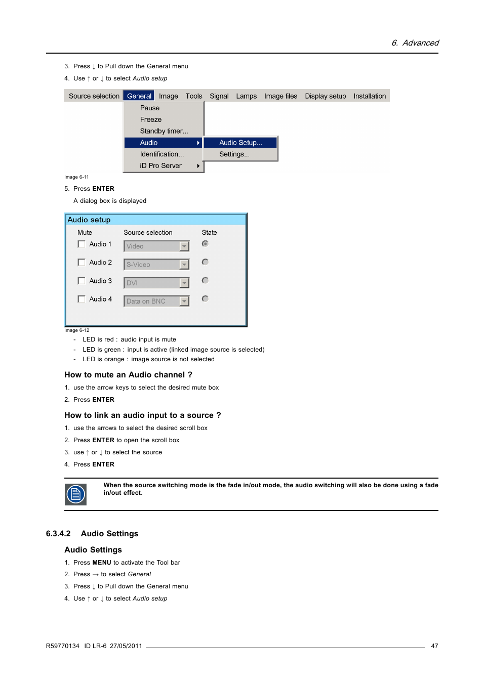 2 audio settings, Audio settings, Advanced | Barco ID LR-6 R9010342 User Manual | Page 51 / 135