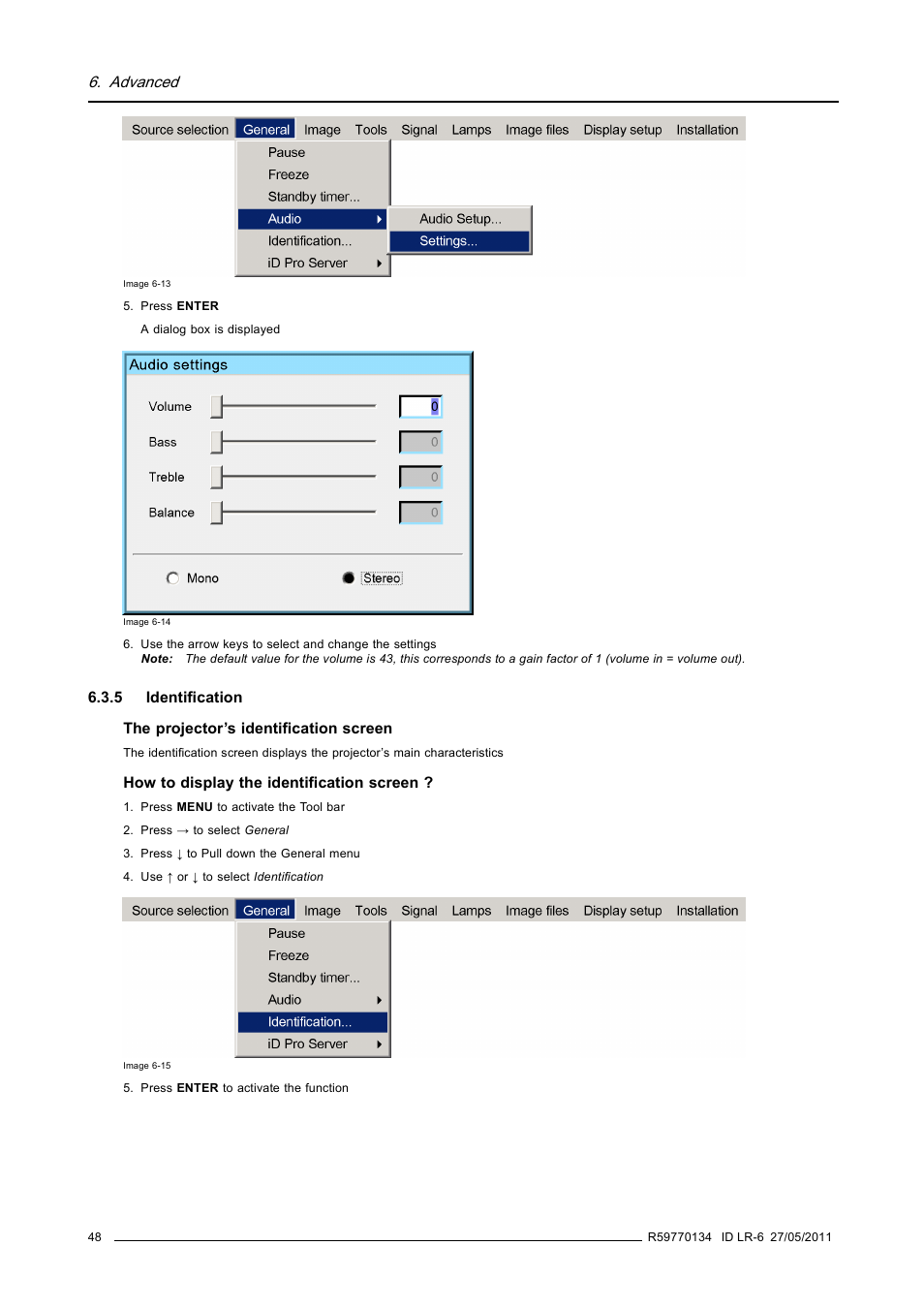 5 identification, Identification, Advanced | Barco ID LR-6 R9010342 User Manual | Page 52 / 135