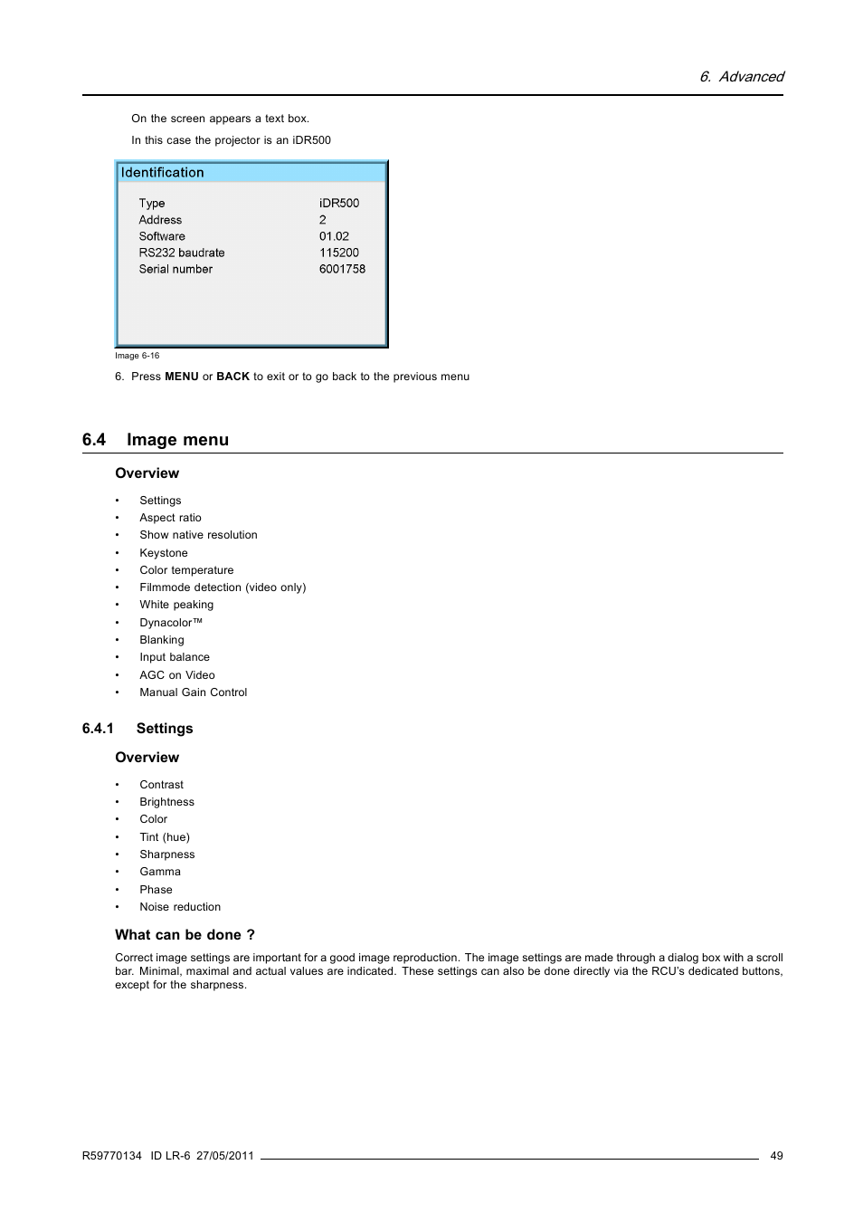 4 image menu, 1 settings, Image menu | Settings, Advanced | Barco ID LR-6 R9010342 User Manual | Page 53 / 135