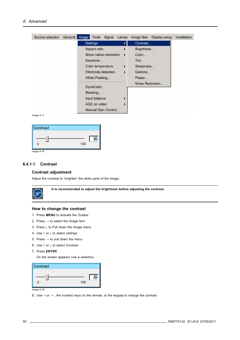 1 contrast, Contrast, Advanced | Barco ID LR-6 R9010342 User Manual | Page 54 / 135