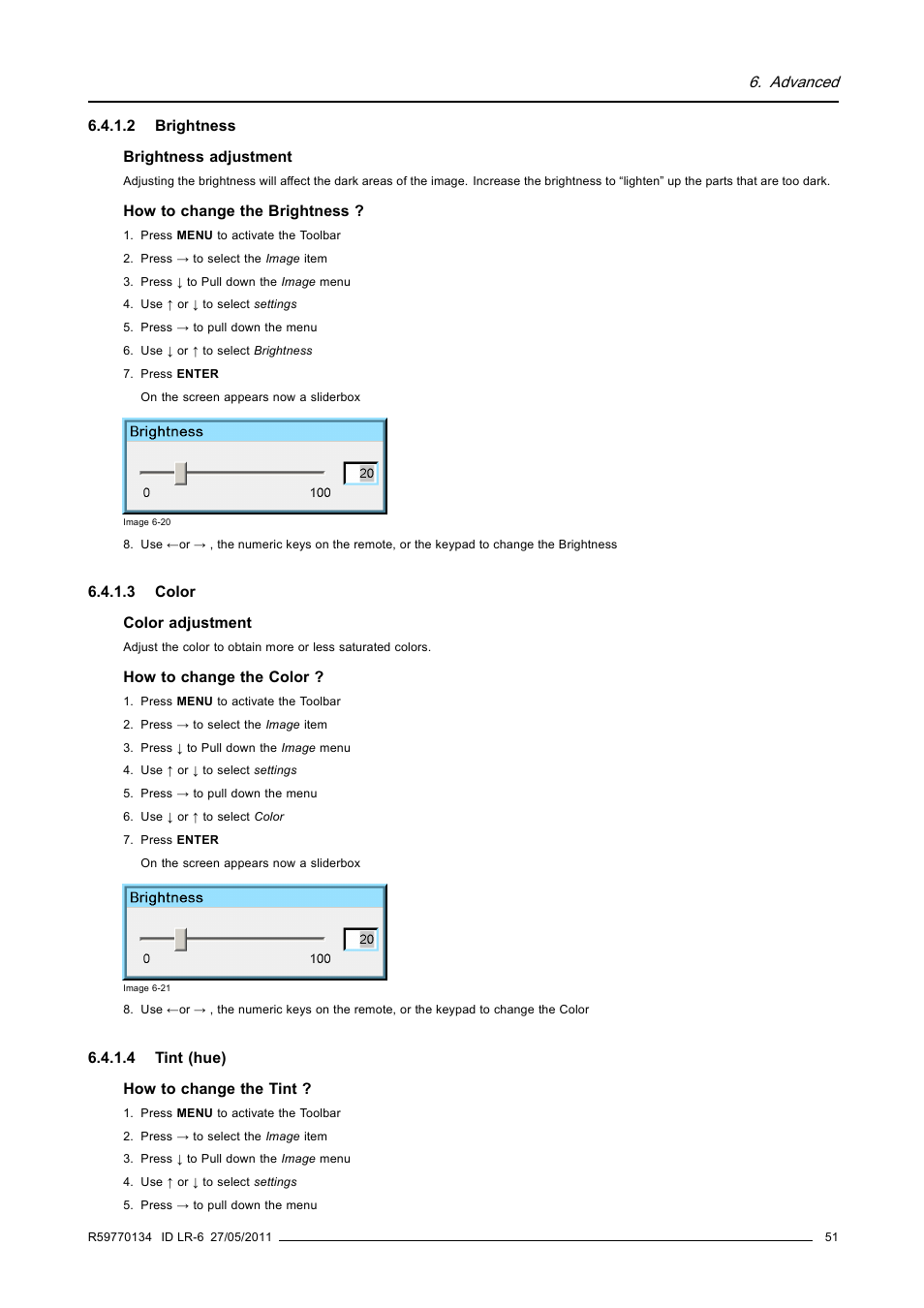 2 brightness, 3 color, 4 tint (hue) | Brightness, Color, Tint (hue) | Barco ID LR-6 R9010342 User Manual | Page 55 / 135