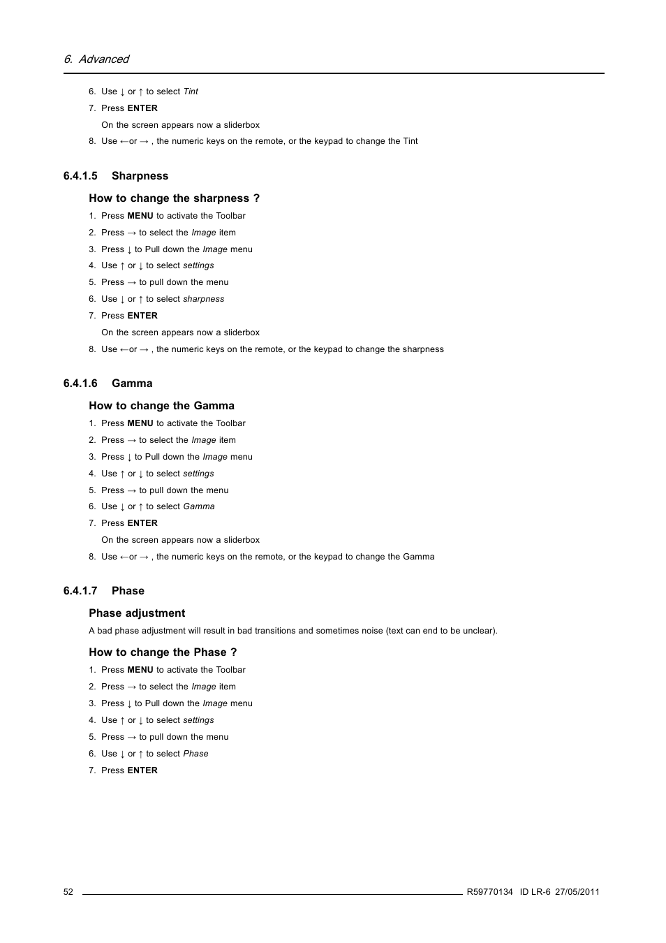 5 sharpness, 6 gamma, 7 phase | Sharpness, Gamma, Phase | Barco ID LR-6 R9010342 User Manual | Page 56 / 135