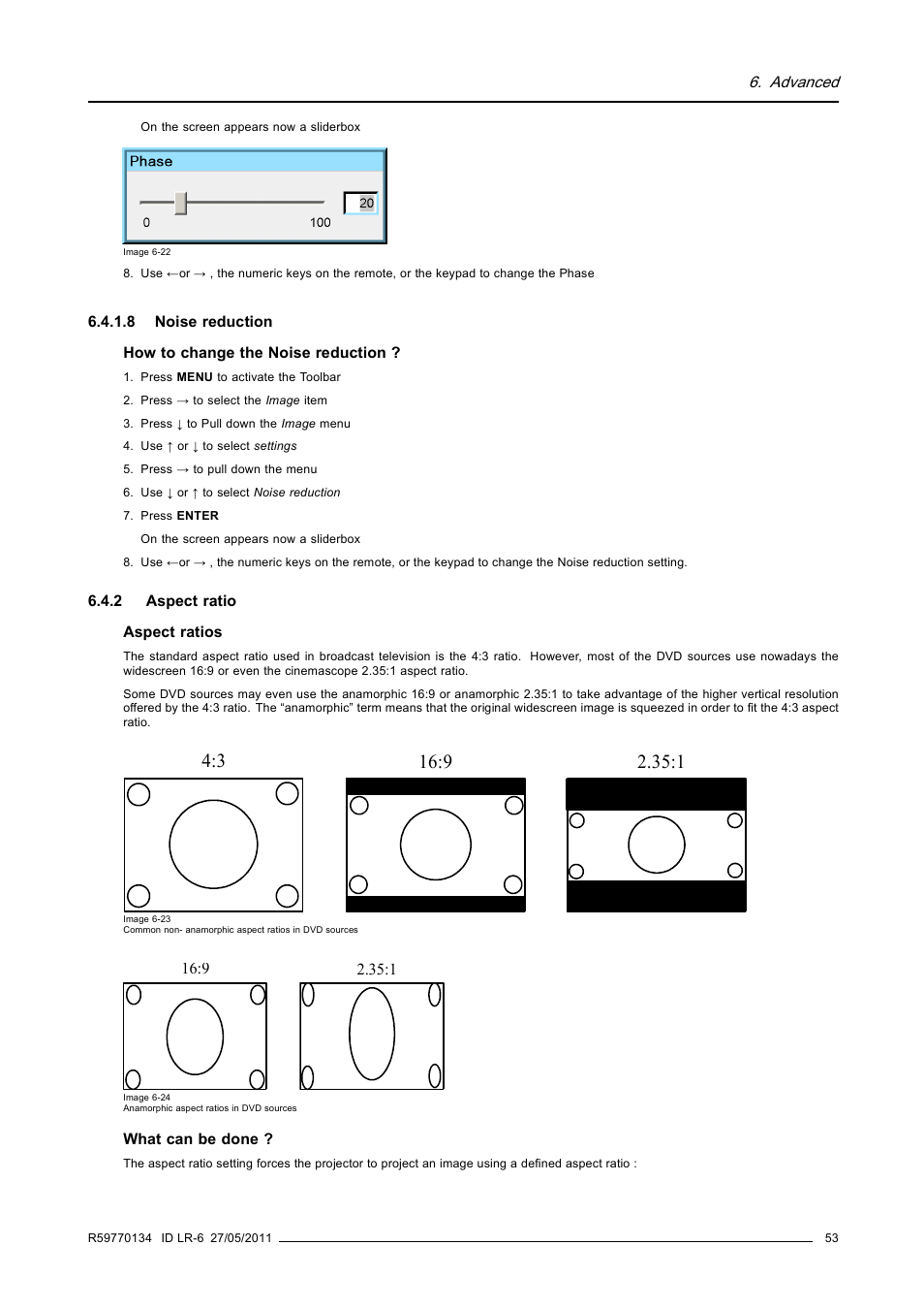 8 noise reduction, 2 aspect ratio, Noise reduction | Aspect ratio | Barco ID LR-6 R9010342 User Manual | Page 57 / 135