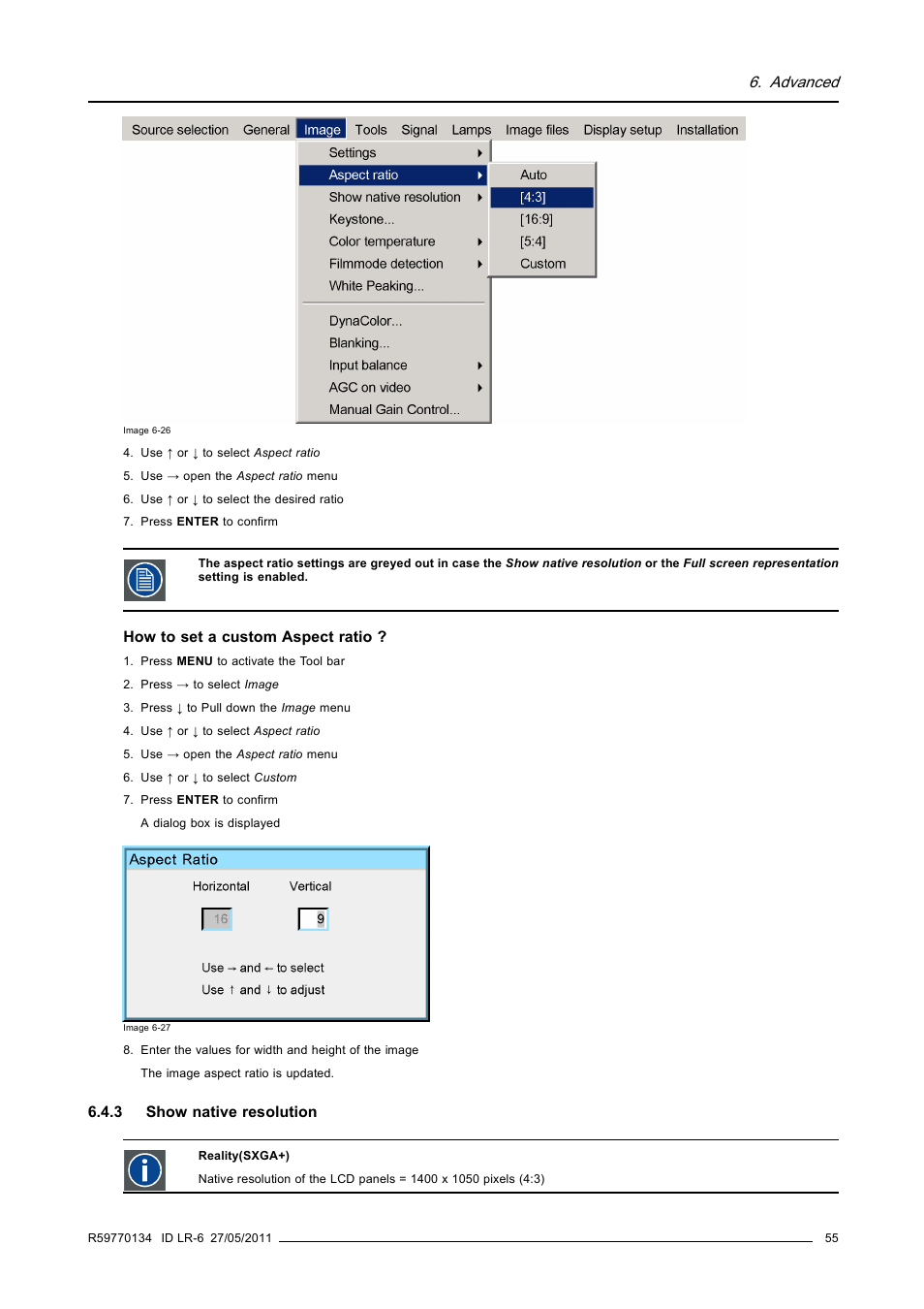 3 show native resolution, Show native resolution, Advanced | Barco ID LR-6 R9010342 User Manual | Page 59 / 135