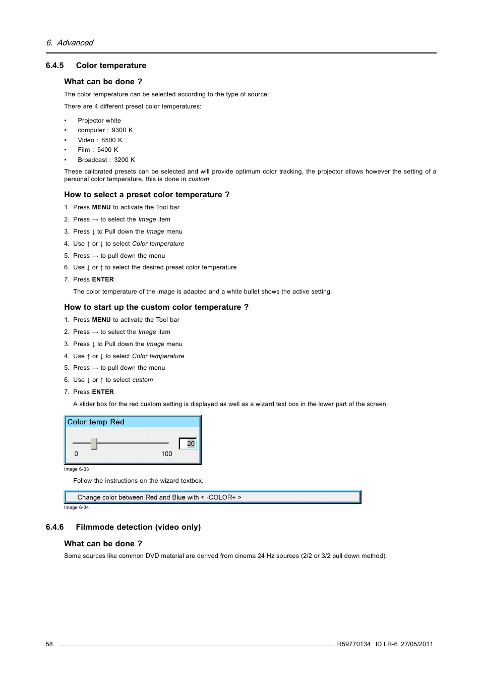 5 color temperature, 6 filmmode detection (video only), Color temperature | Filmmode detection (video only), Advanced | Barco ID LR-6 R9010342 User Manual | Page 62 / 135