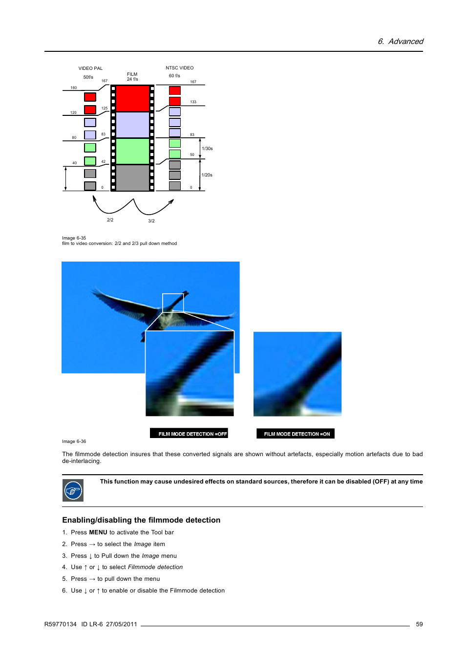 Advanced, Enabling/disabling the filmmode detection | Barco ID LR-6 R9010342 User Manual | Page 63 / 135