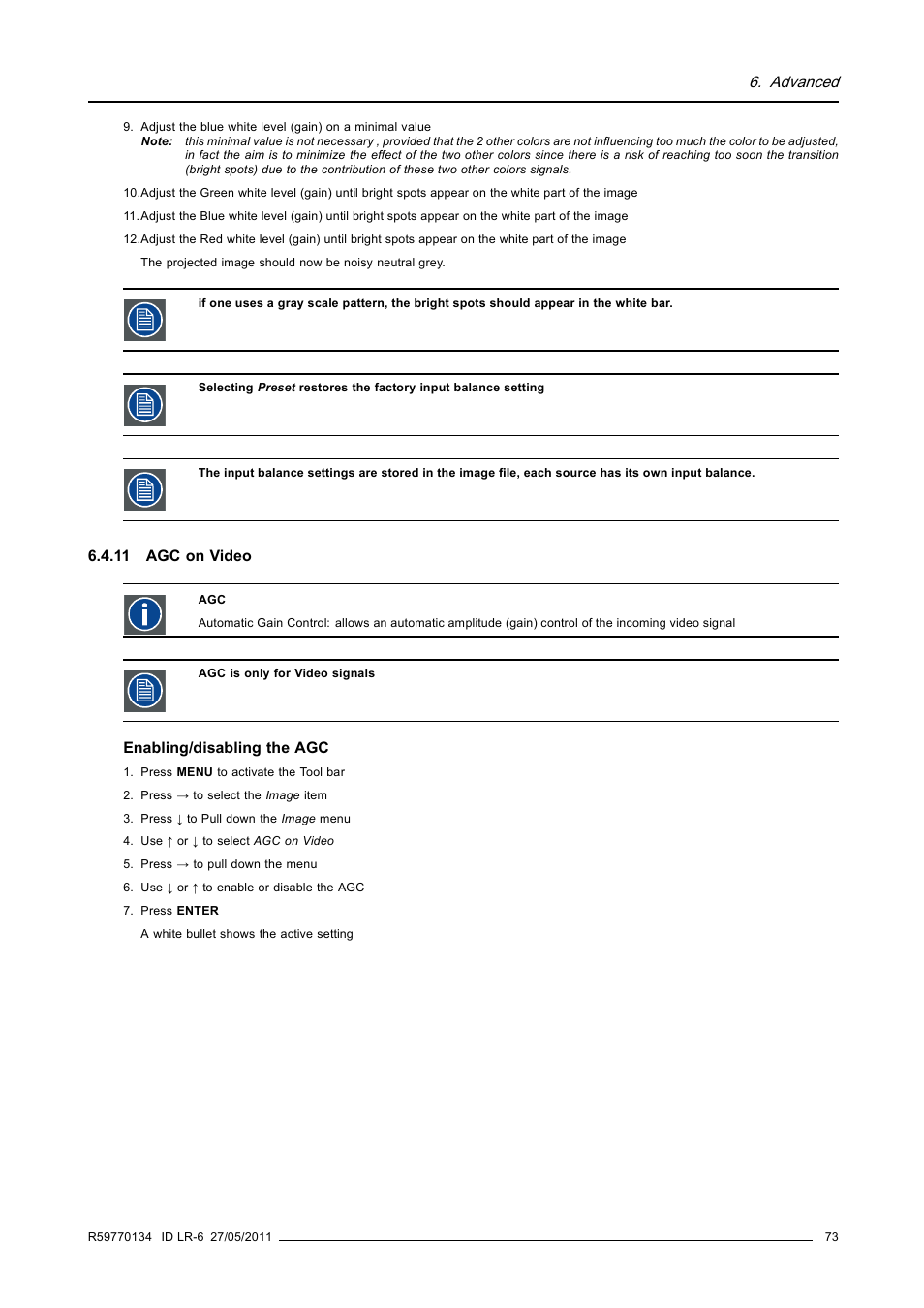 11 agc on video, Agc on video, Advanced | Barco ID LR-6 R9010342 User Manual | Page 77 / 135