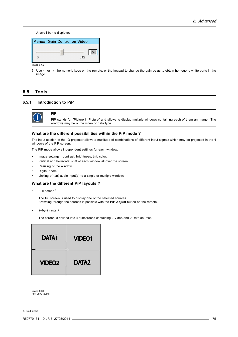 5 tools, 1 introduction to pip, Tools | Introduction to pip, Advanced | Barco ID LR-6 R9010342 User Manual | Page 79 / 135