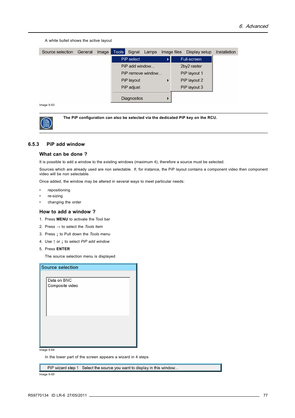 3 pip add window, Pip add window, Advanced | Barco ID LR-6 R9010342 User Manual | Page 81 / 135