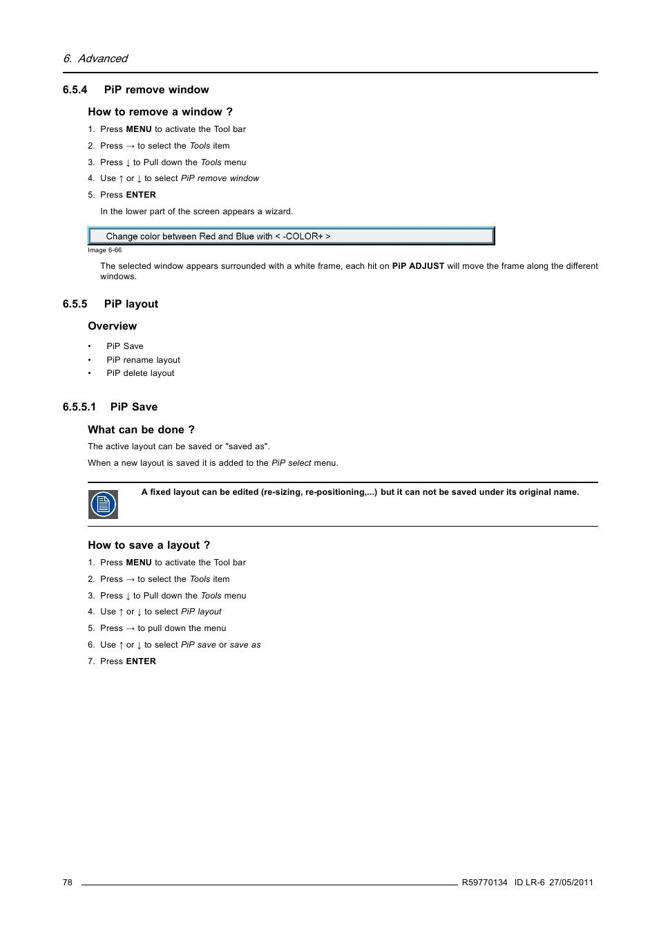 4 pip remove window, 5 pip layout, 1 pip save | Pip remove window, Pip layout, Pip save | Barco ID LR-6 R9010342 User Manual | Page 82 / 135
