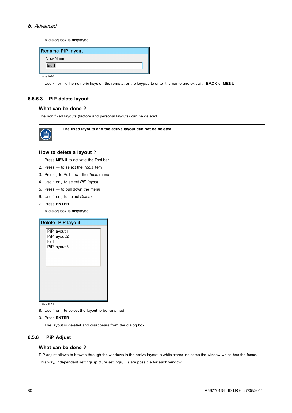 3 pip delete layout, 6 pip adjust, Pip delete layout | Pip adjust | Barco ID LR-6 R9010342 User Manual | Page 84 / 135