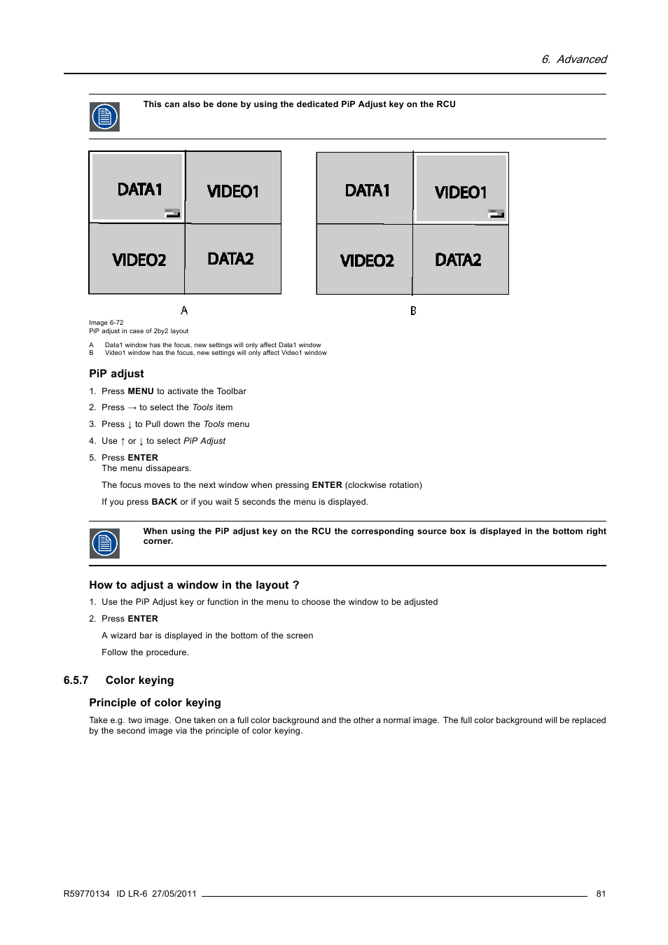 7 color keying, Color keying, Advanced | Barco ID LR-6 R9010342 User Manual | Page 85 / 135