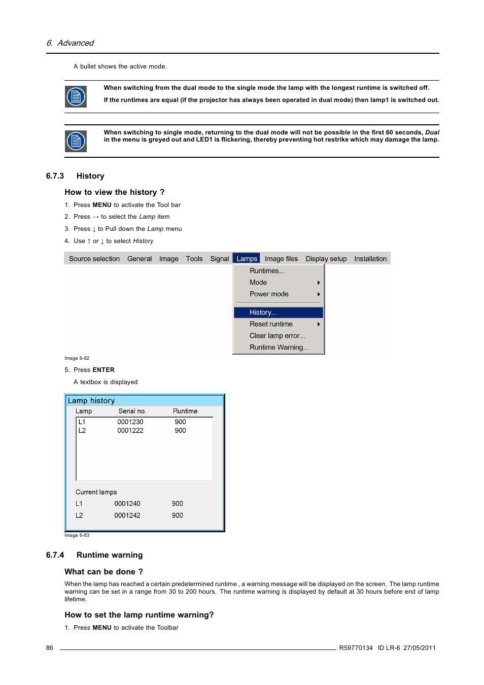 3 history, 4 runtime warning, History | Runtime warning | Barco ID LR-6 R9010342 User Manual | Page 90 / 135