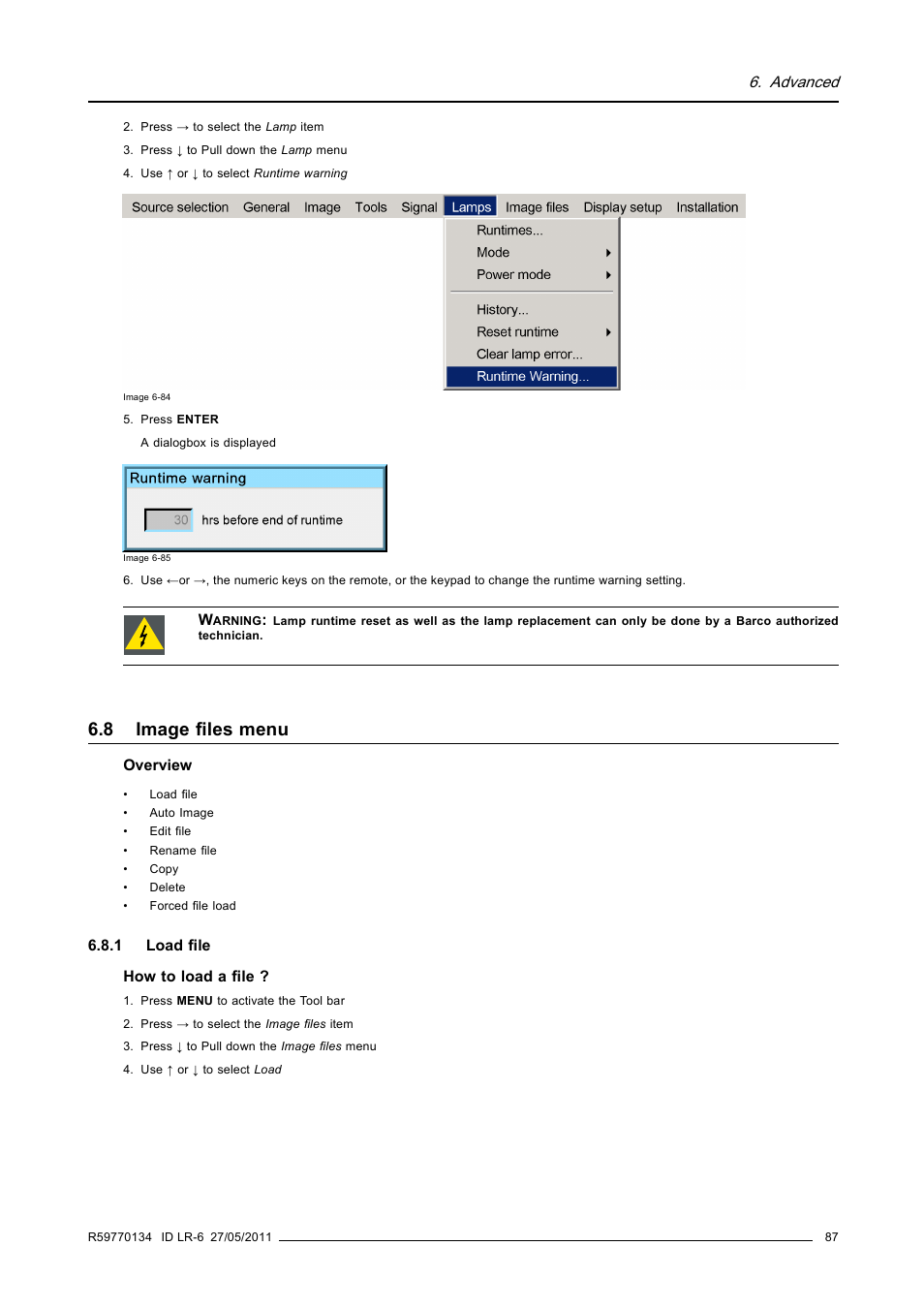 8 image files menu, 1 load file, Image files menu | Load file | Barco ID LR-6 R9010342 User Manual | Page 91 / 135