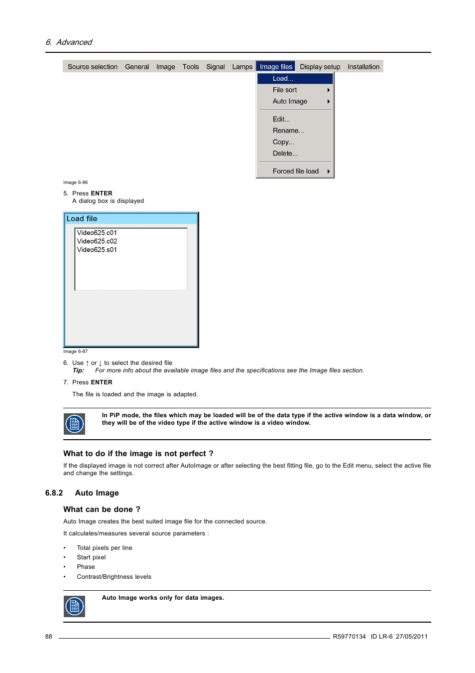 2 auto image, Auto image, Advanced | Barco ID LR-6 R9010342 User Manual | Page 92 / 135