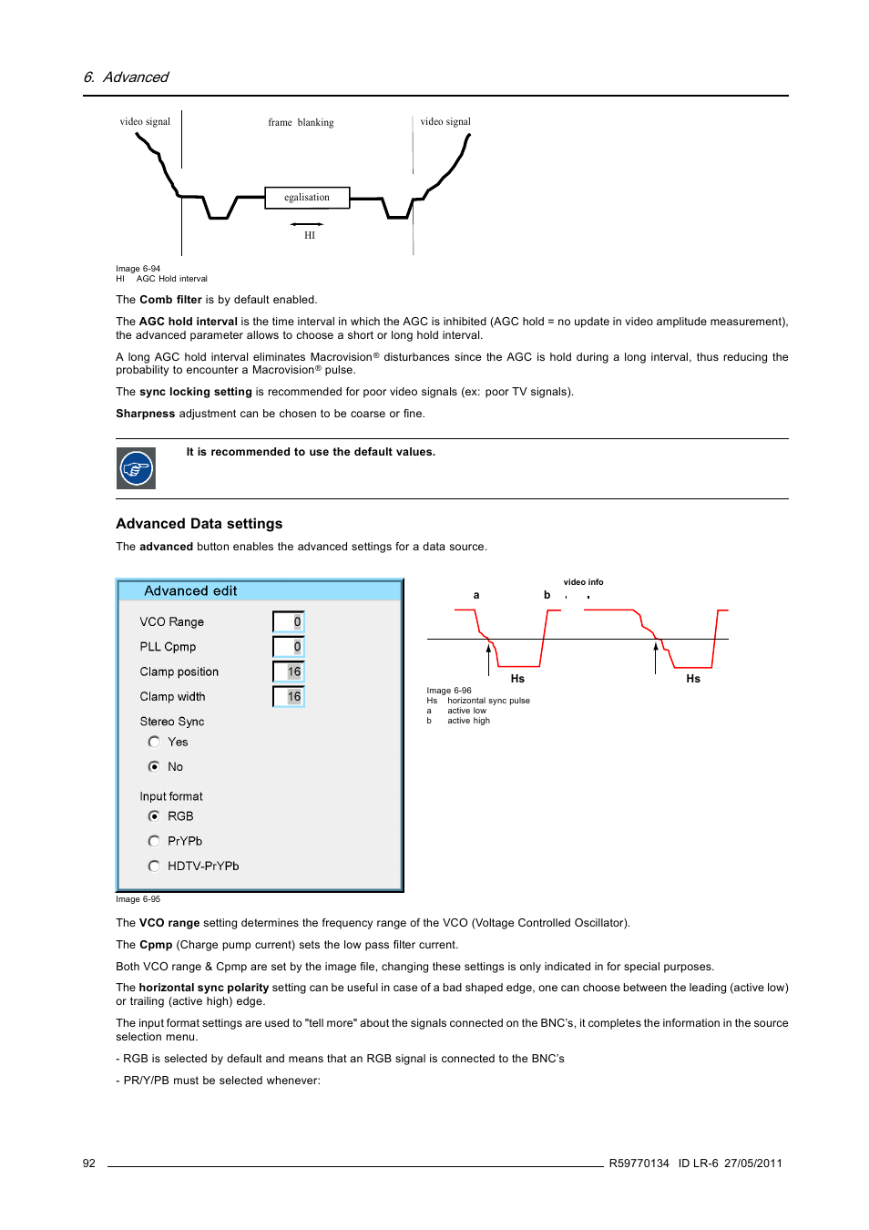 Advanced, Advanced data settings | Barco ID LR-6 R9010342 User Manual | Page 96 / 135