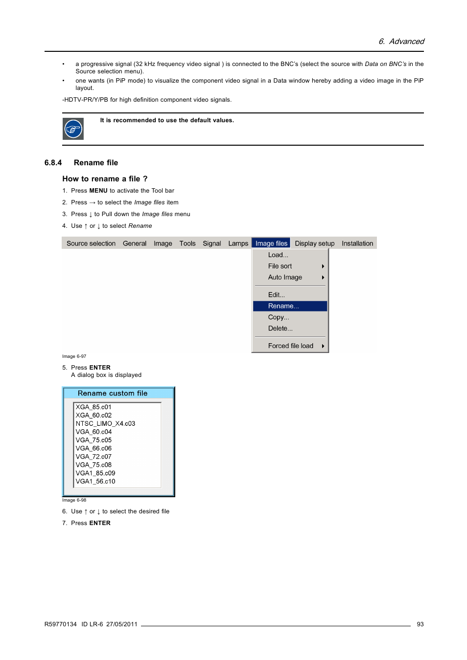 4 rename file, Rename file, Advanced | Barco ID LR-6 R9010342 User Manual | Page 97 / 135