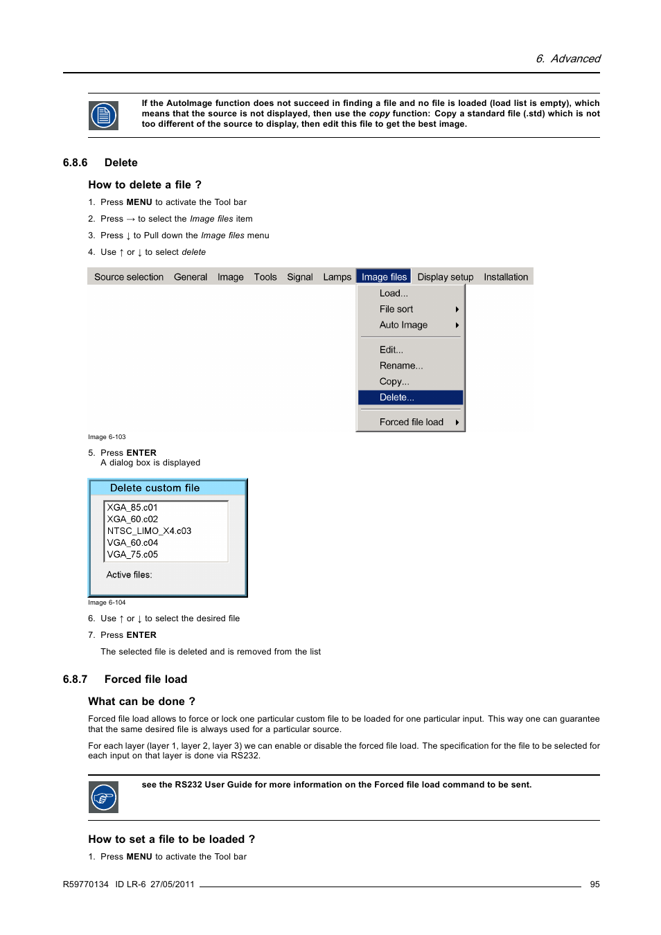 6 delete, 7 forced file load, Delete | Forced file load | Barco ID LR-6 R9010342 User Manual | Page 99 / 135