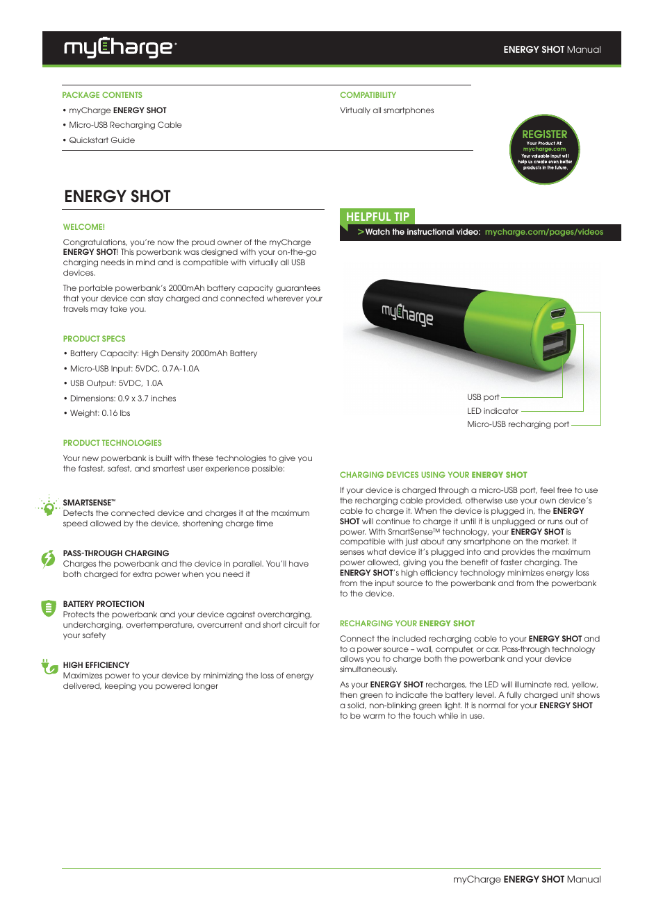 myCharge Energy Shot ES20K User Manual | 2 pages