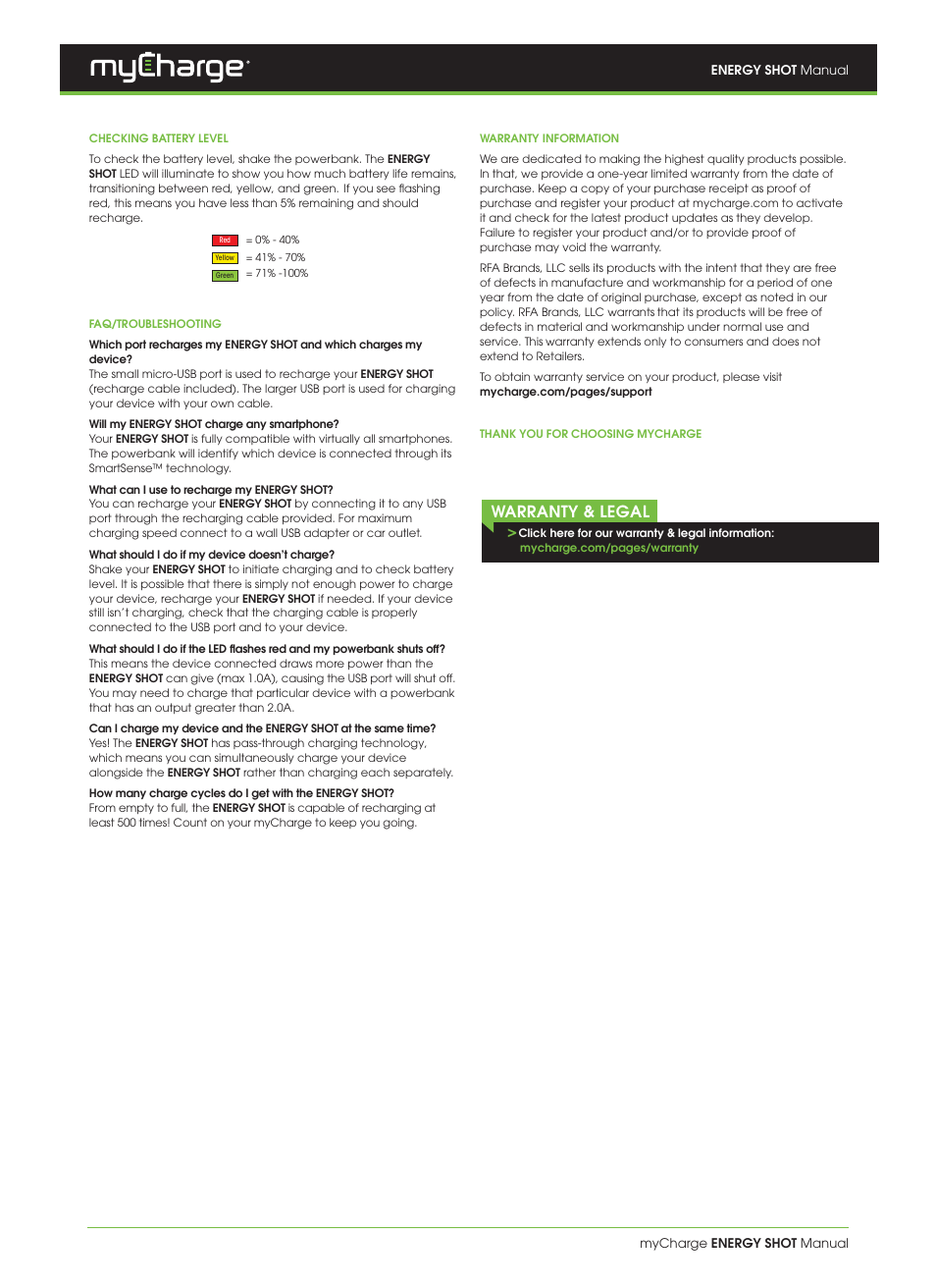 Warranty & legal | myCharge Energy Shot ES20K User Manual | Page 2 / 2