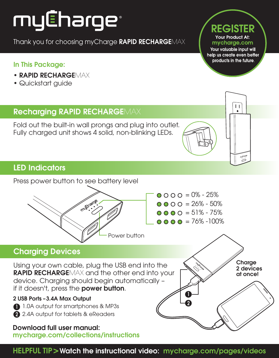 myCharge Rapid Recharge Max RR80R User Manual | 2 pages
