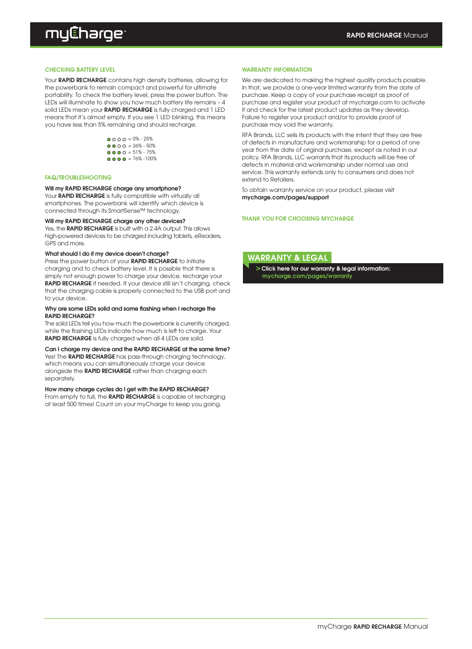 Warranty & legal | myCharge Rapid Recharge RR40G User Manual | Page 2 / 2