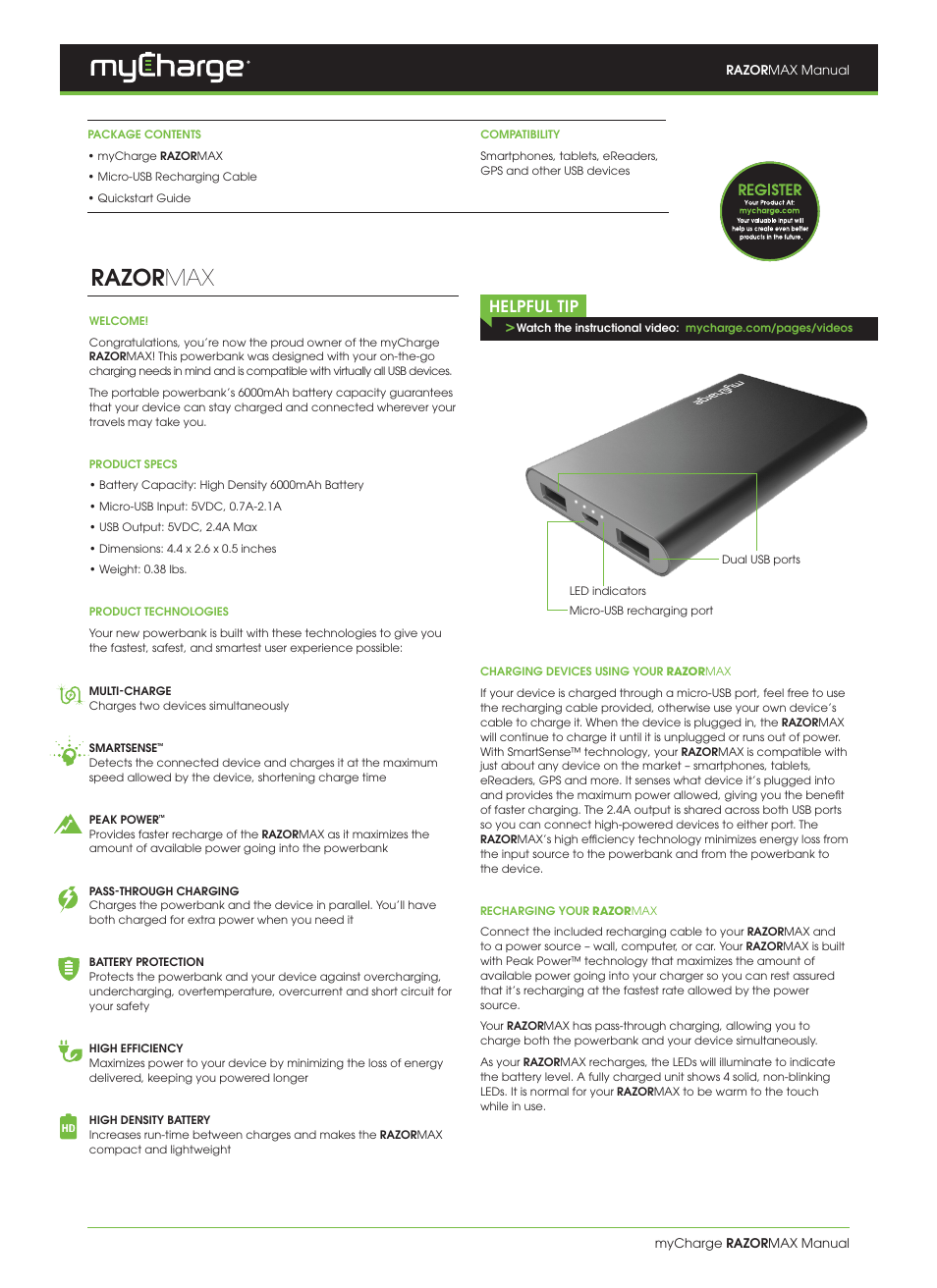 myCharge RazorMax RZ60G User Manual | 2 pages