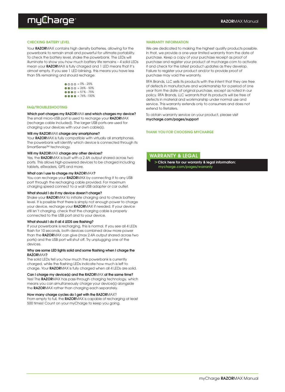 Warranty & legal | myCharge RazorMax RZ60G User Manual | Page 2 / 2