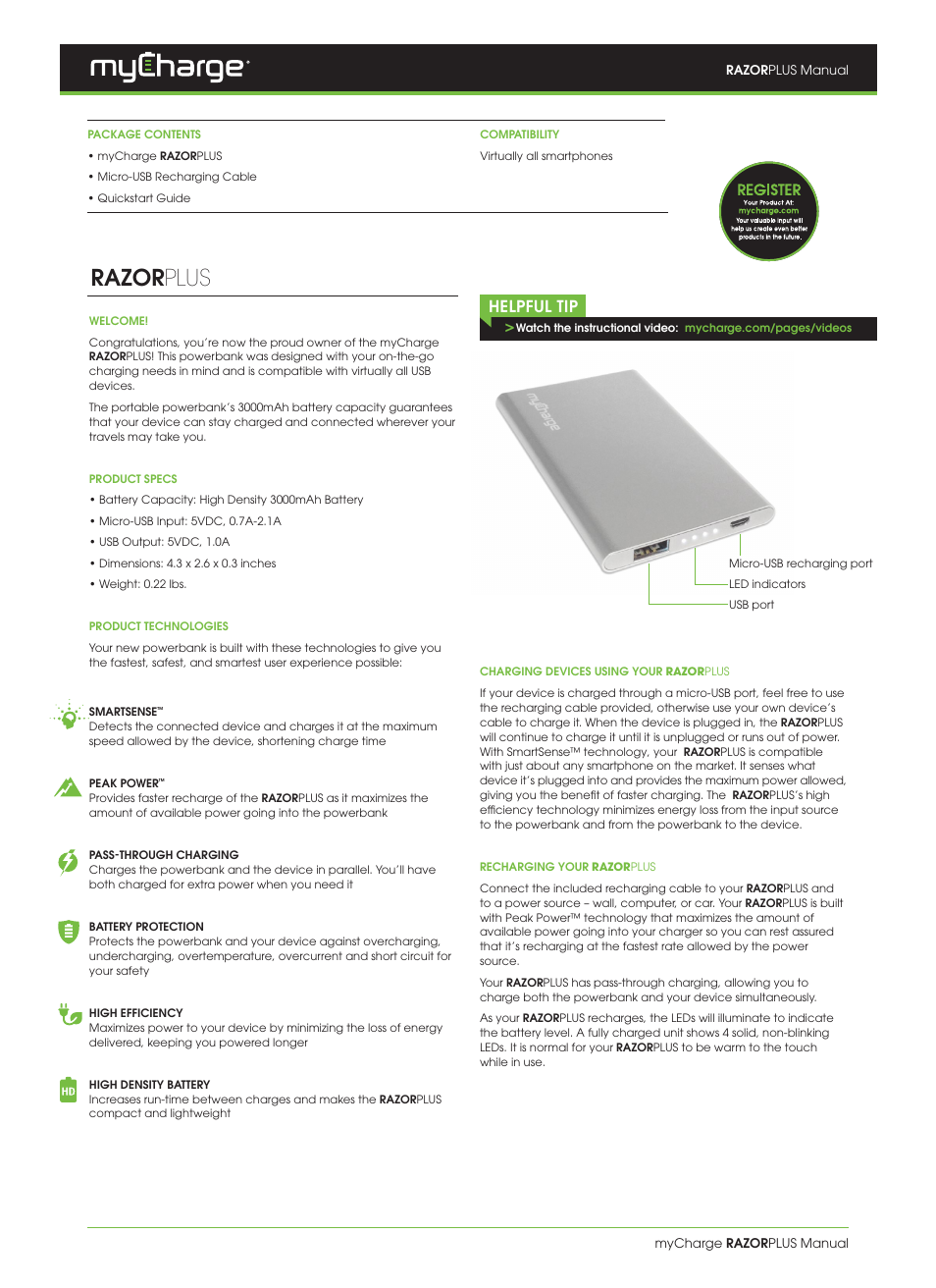 myCharge RazorPlus RZ30V User Manual | 2 pages