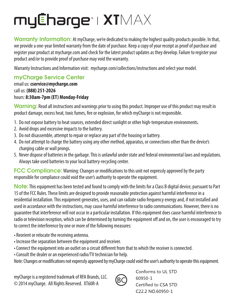 myCharge XTMax XT60R User Manual | Page 2 / 2