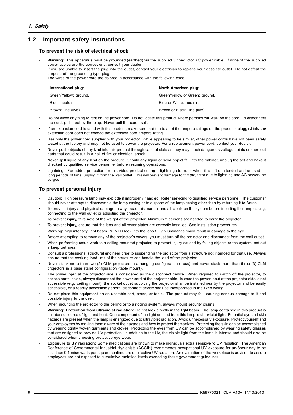 2 important safety instructions, Important safety instructions, Safety | Barco CLM R10+ User Manual | Page 10 / 229