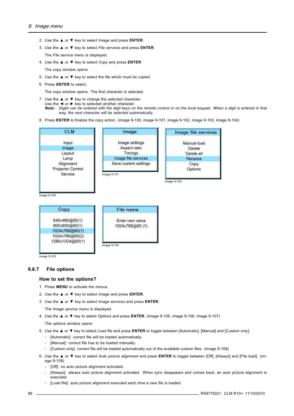 7 file options, File options, Image menu | Barco CLM R10+ User Manual | Page 100 / 229