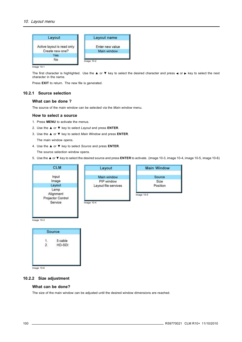 1 source selection, 2 size adjustment, 1 source selection 10.2.2 size adjustment | Source selection, Size adjustment, Layout menu | Barco CLM R10+ User Manual | Page 104 / 229
